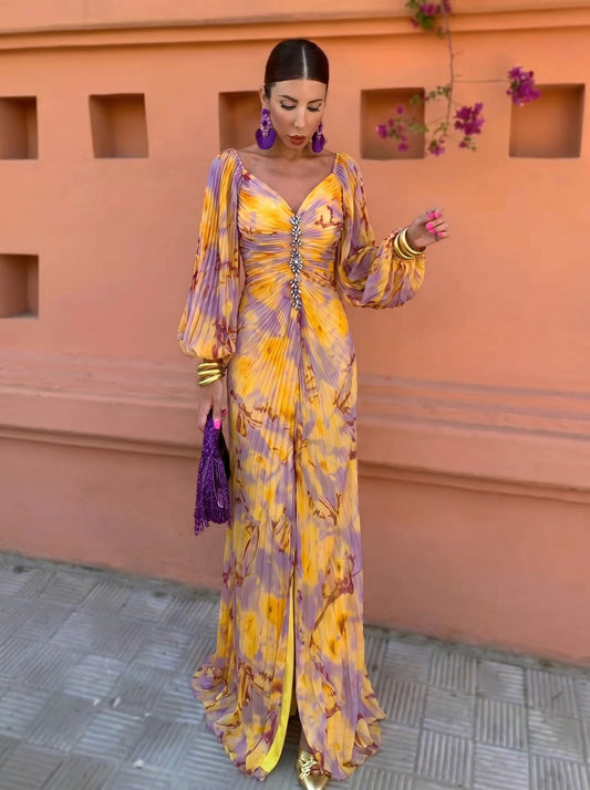 Calvillo | Printed Ruched V-Neck Maxi Dress