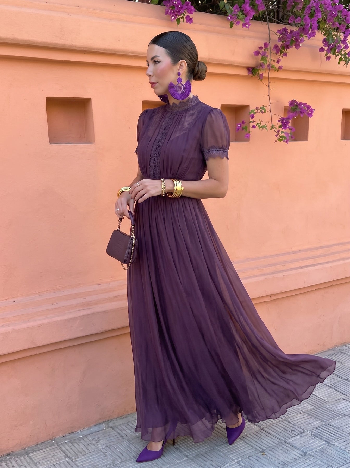 Eshley | Maxi Dress Purple Short Sleeve Pleated