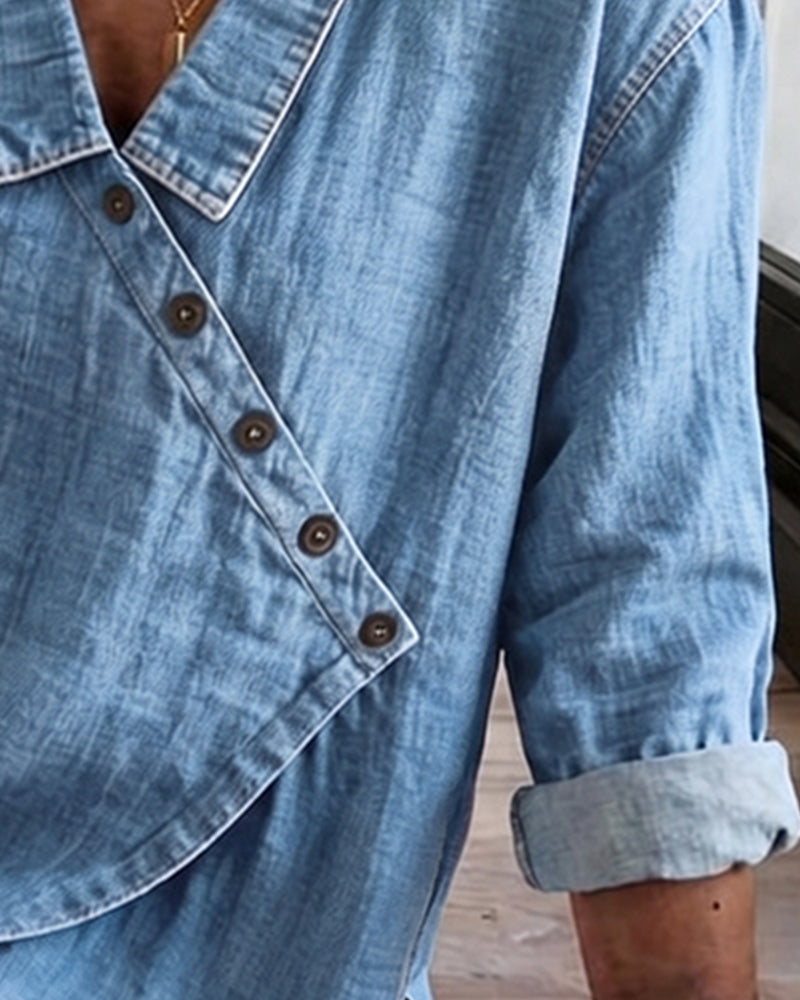 Olizia | Denim-Style Wrap Button Blouse
