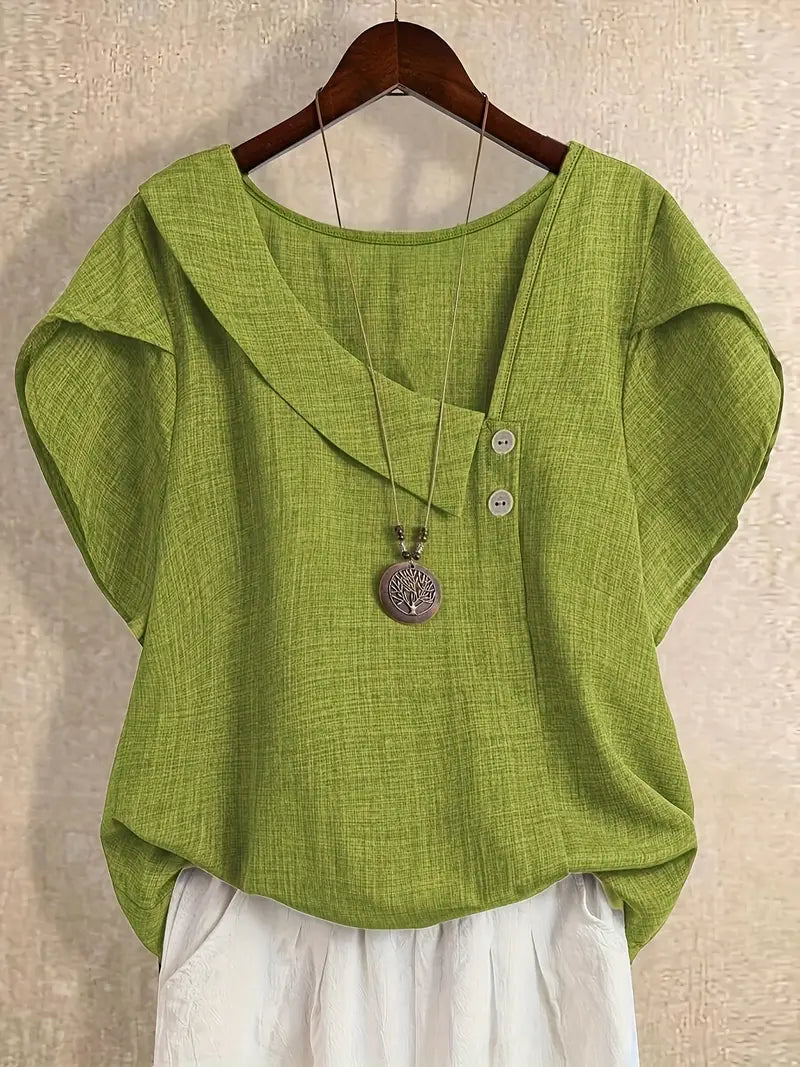 Milany | Linen Asymmetric Button Short Sleeve Blouse