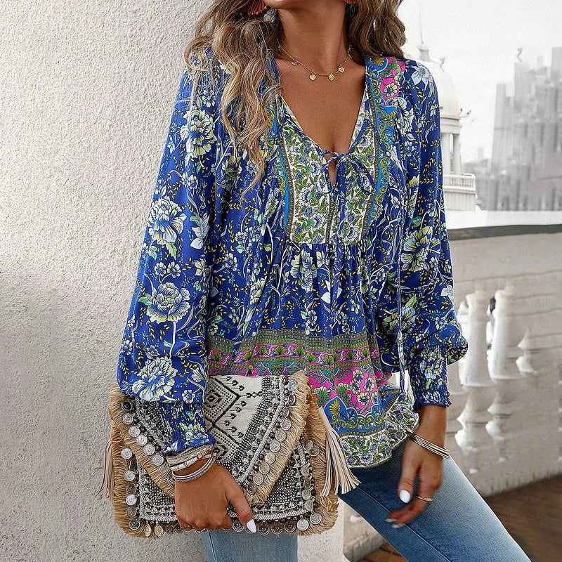 Sallie - Printed Tie Neck Long Sleeve Blouse