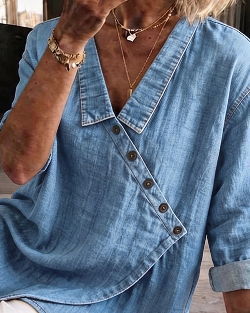 Olizia | Denim-Style Wrap Button Blouse