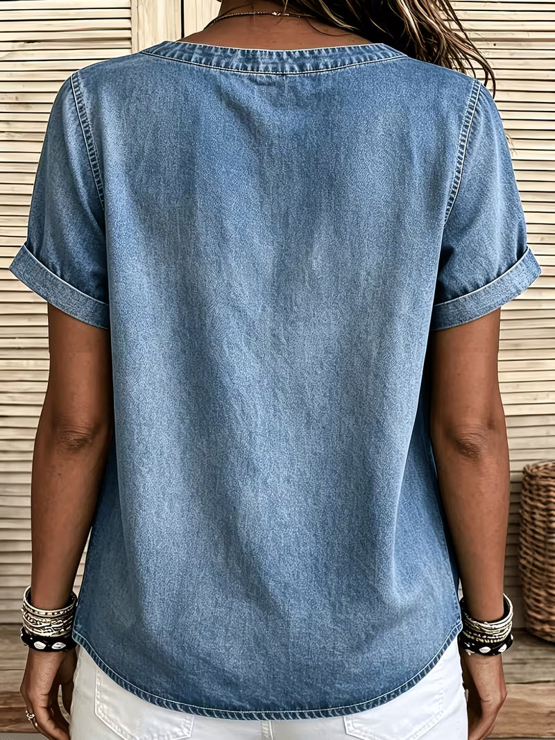 Ferina | Denim Style Short Sleeve Button Top