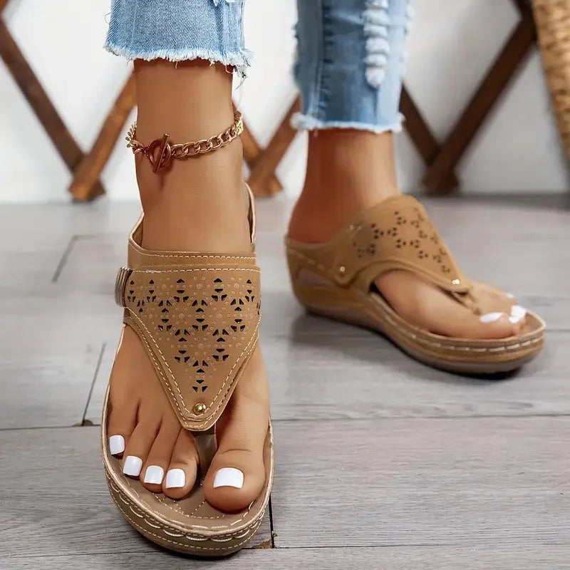 Tiara - Wedge Flip Flop Cutout Sandals
