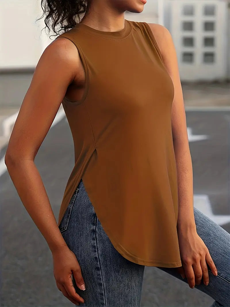 Desirae | Sleeveless Round Neck Curved Hem Top