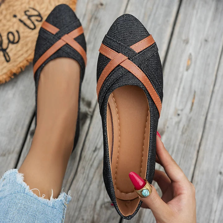 Shakina | Denim-Style Cross Strap Ballet Flats