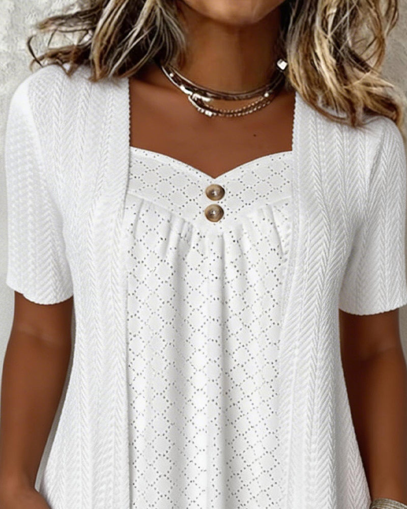 Shilina | Patchwork Square Neck Short Sleeve Blouse