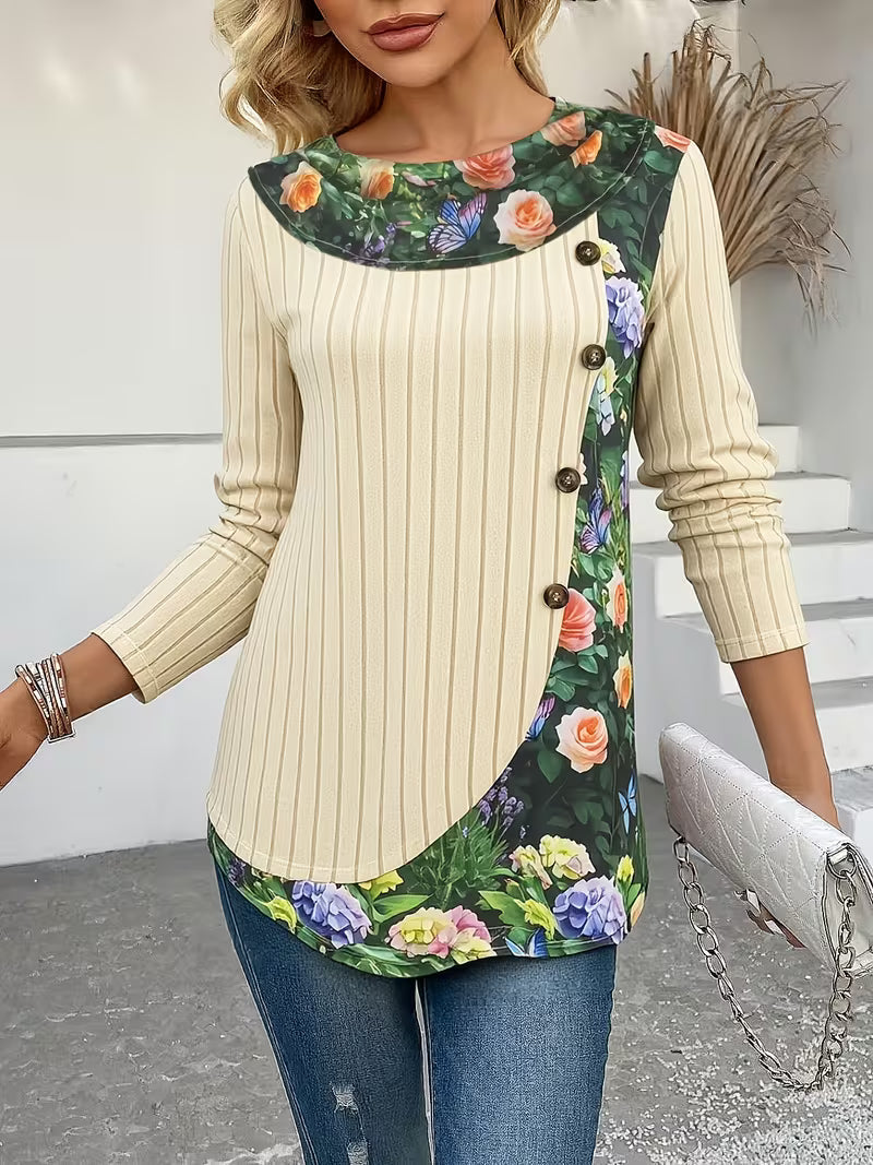 Florilitha | Ribbed Long Sleeve Printed Top