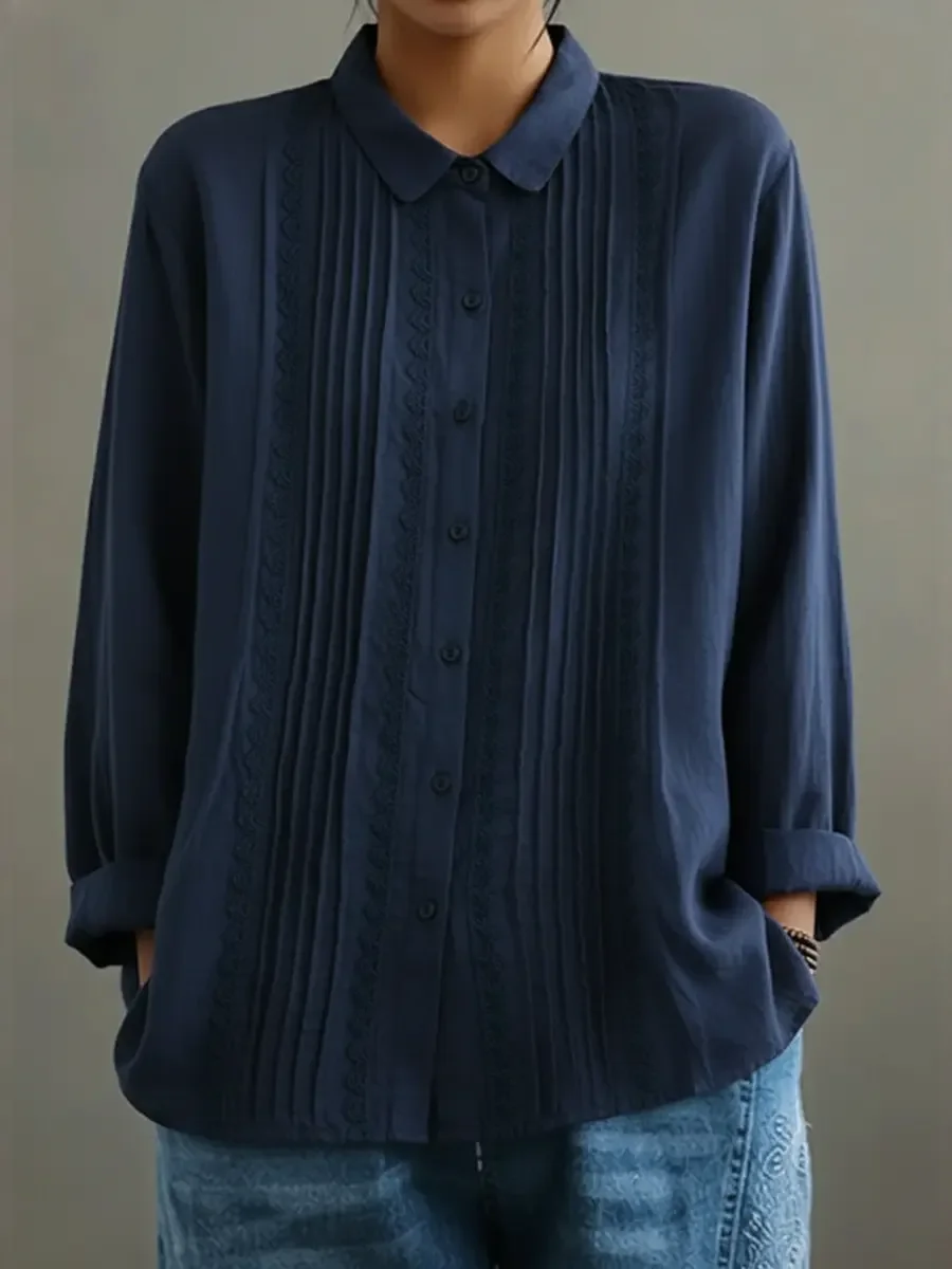 Tzurya | Long Sleeve Pleated Lace Panel Blouse