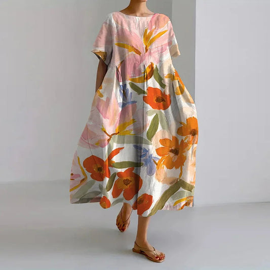 Lucasta | Floral Linen Short Sleeve Midi Dress