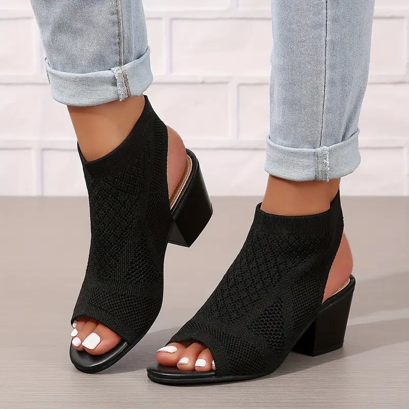 Velina | Black Knitted Peep Toe Block Heel Sandals