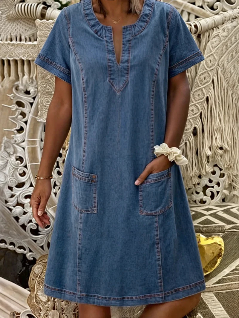 Polixeni | Denim Style Short Sleeve Pocket Dress