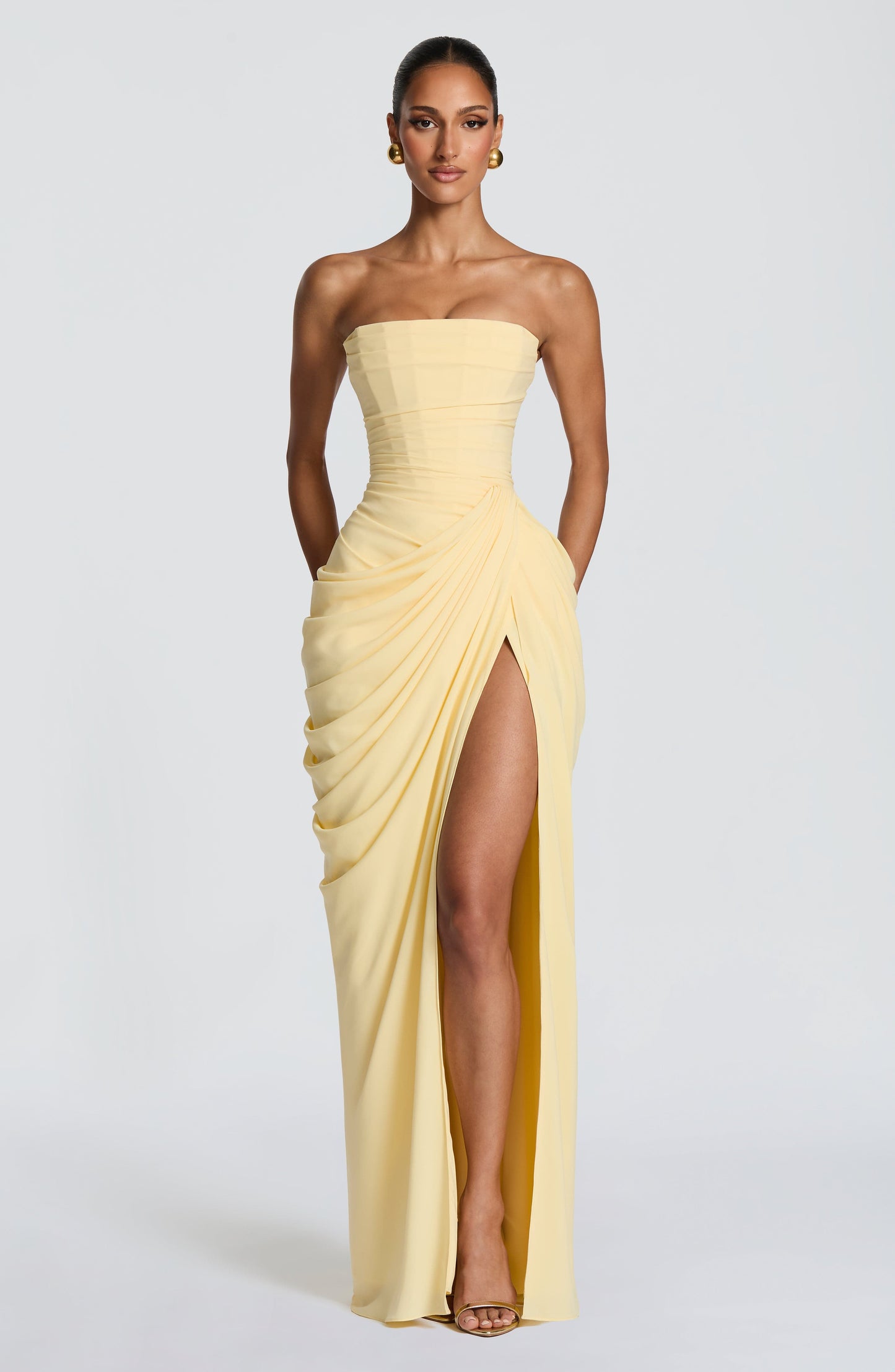 Narja | Strapless Ruched Maxi Dress High Split