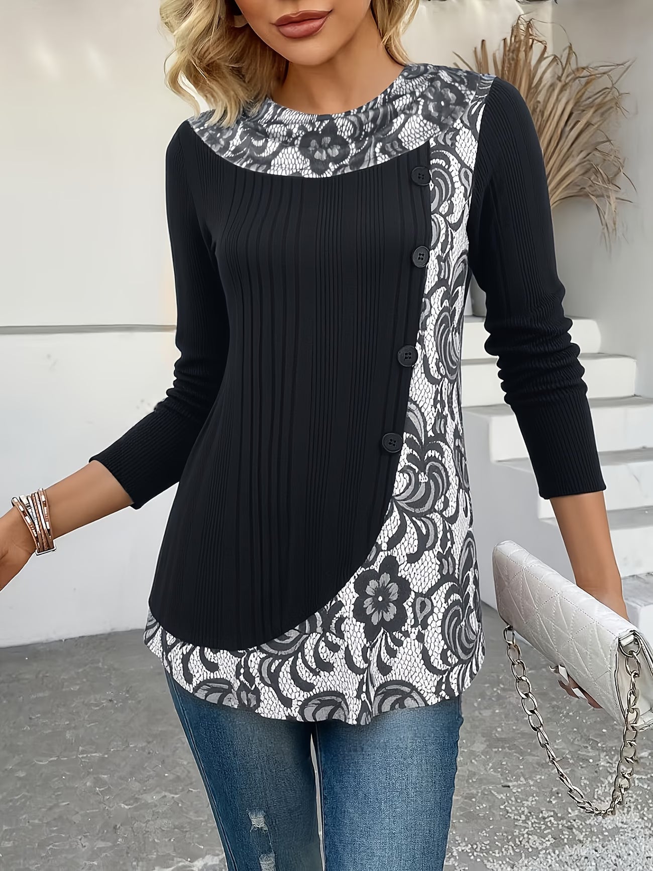 Lizeth | Ribbed Long Sleeve Printed Tunic