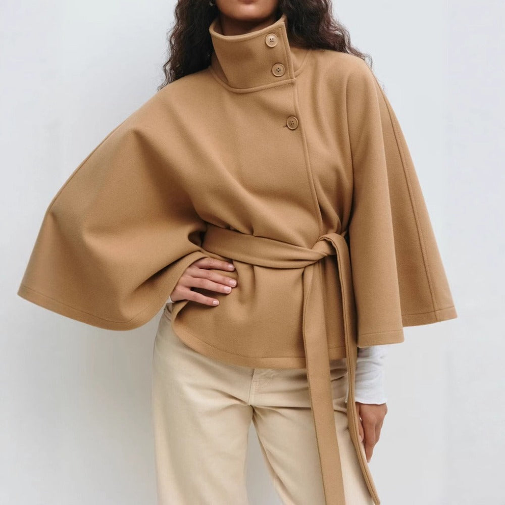 Araceli | Belted Cape Jacket High Neck Button Front