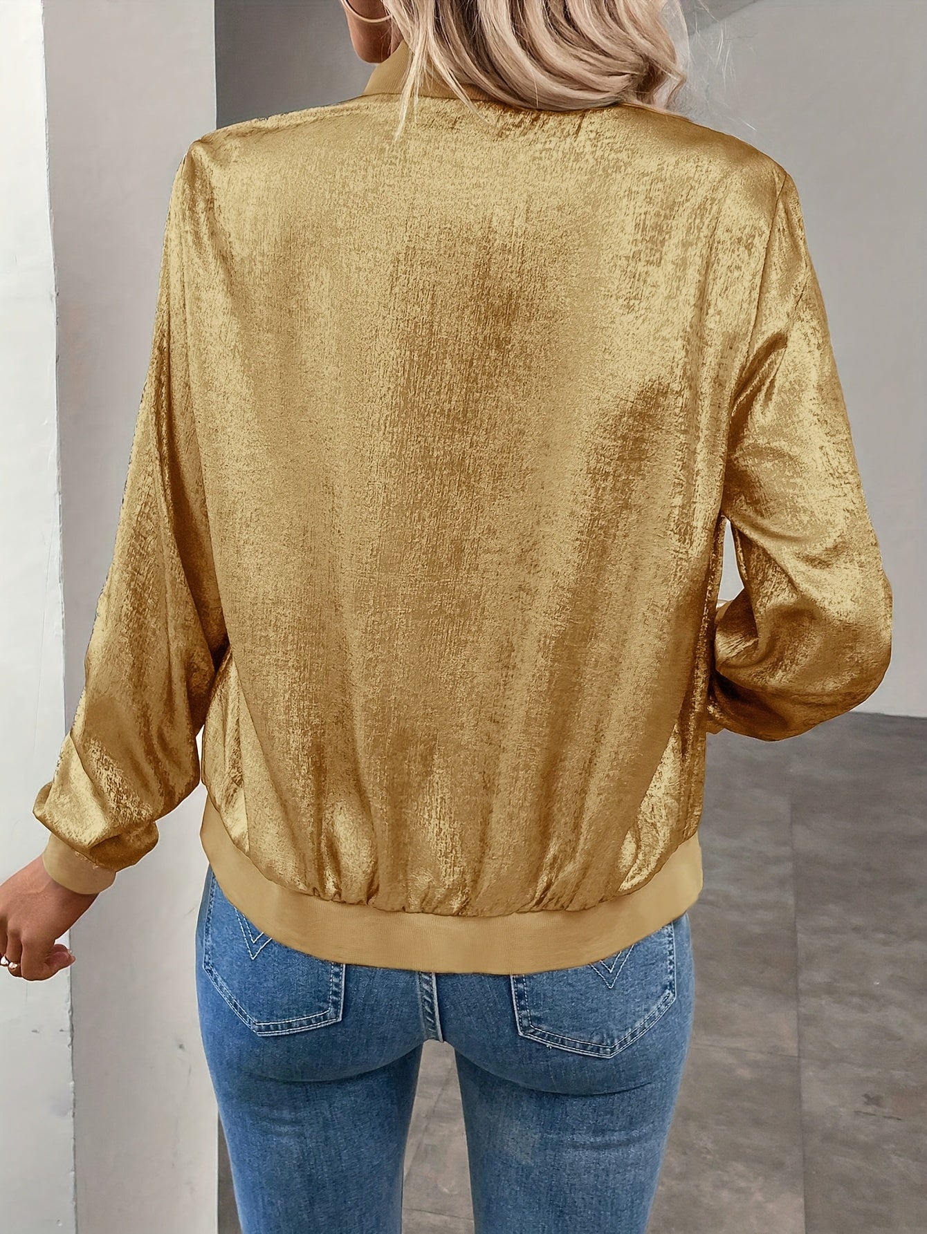 Marla | Metallic Zip-Up Long Sleeve Bomber Jacket