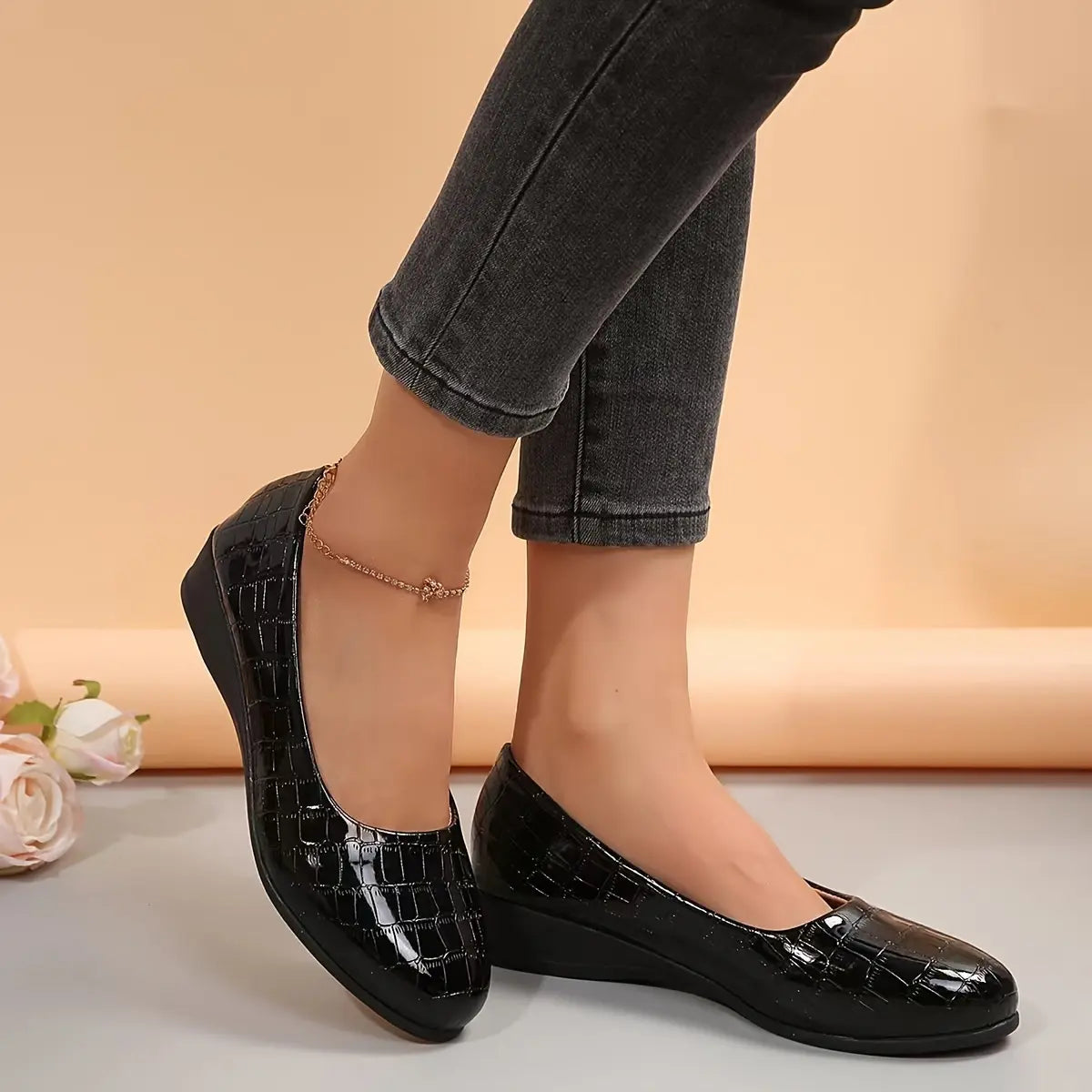 Rebekah - Wedge Heel Croc Pattern Court Shoes