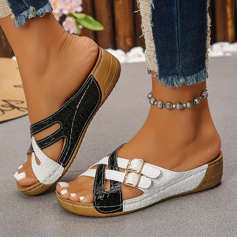 Deniza | Cross Strap Double Buckle Slide Sandals