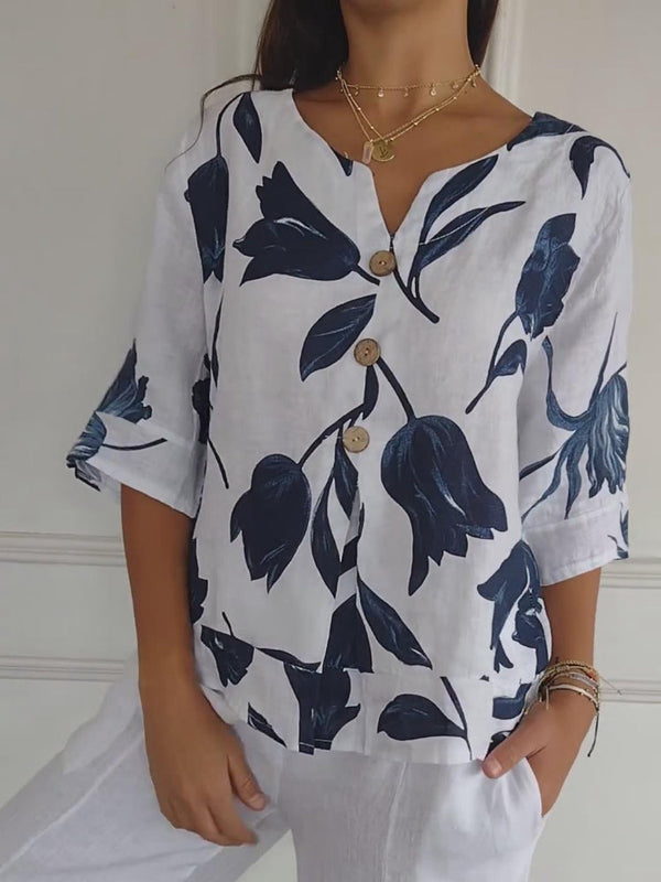 Despoina | Floral Linen V-Neck Button Blouse