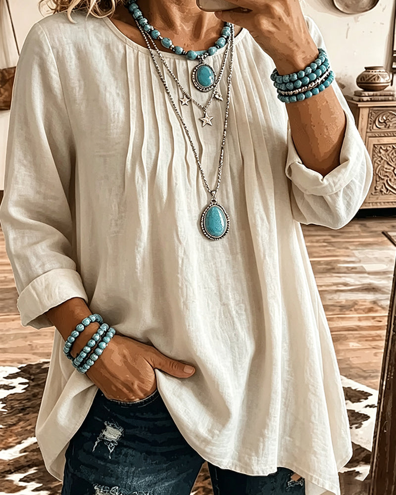 Taireen | Tunic Blouse with Pleated Round Neckline