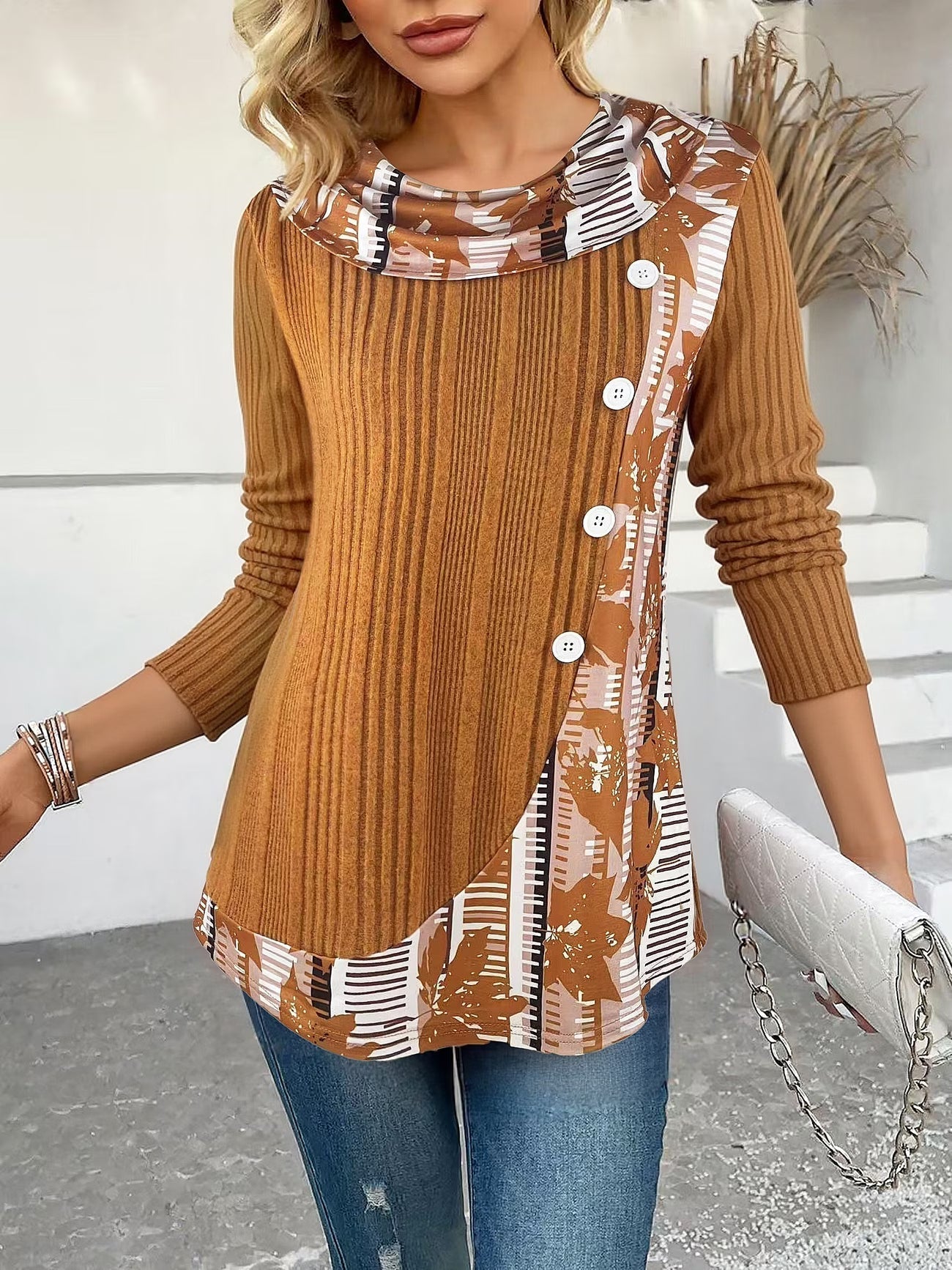 Lizeth | Ribbed Long Sleeve Printed Tunic