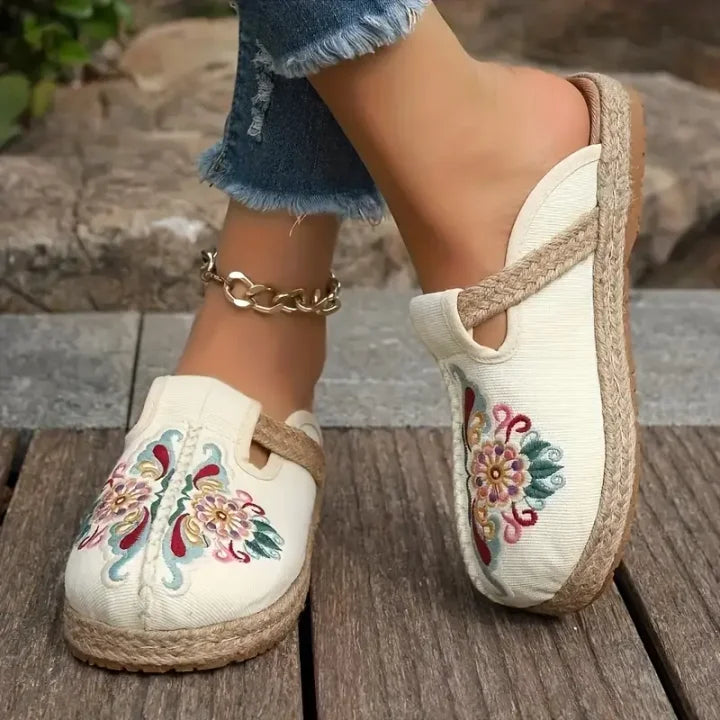 Katy | Floral Embroidered Cotton Mule Sandals