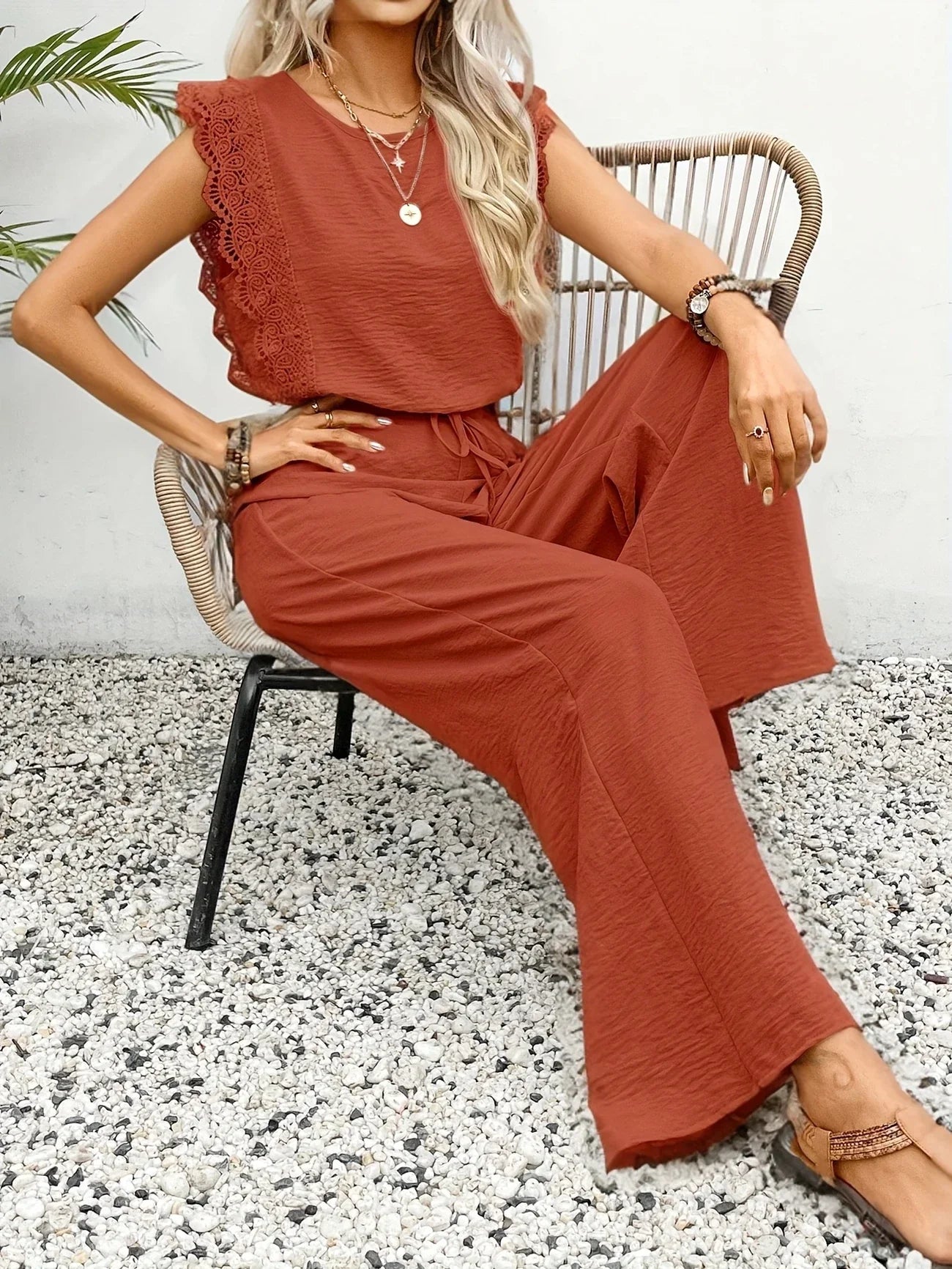 Ziva | Sleeveless Lace Trim Trouser Set