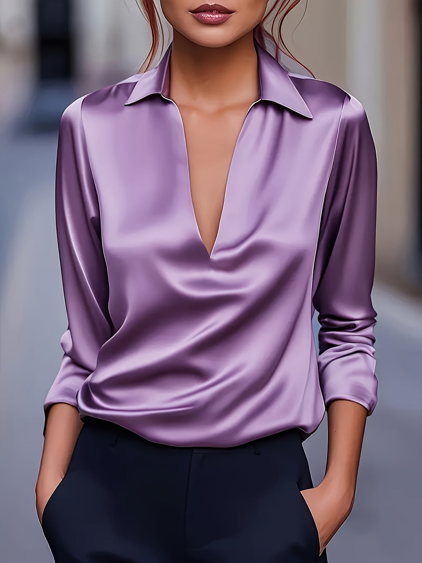 Kyrra – Satin V Neck Long Sleeve Blouse