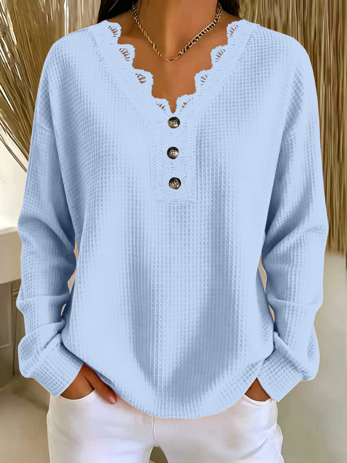 Brigeaia | Long Sleeve Lace Top with Button Front
