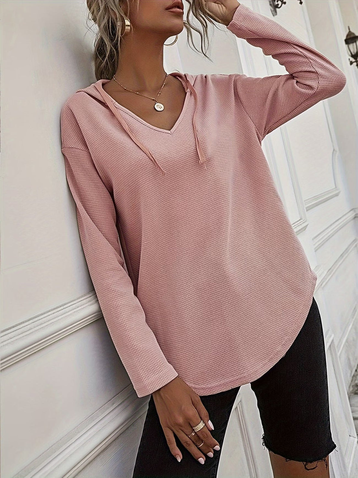 Laurette | Long Sleeve V-Neck Hoodie with Hood