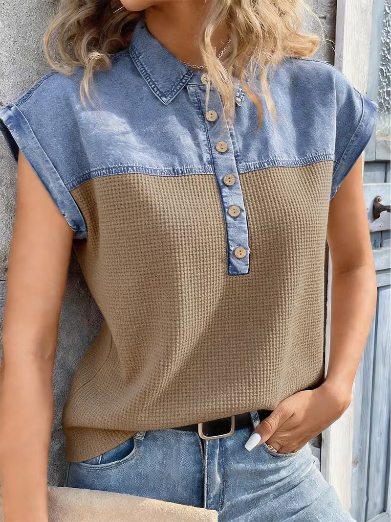 Haily | Cap Sleeve Button Front Collared Top