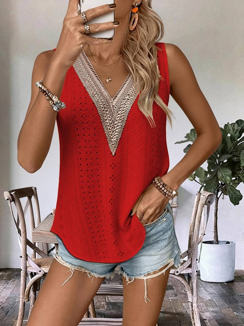 Lavinia | Sleeveless V Neck Eyelet Trim Top