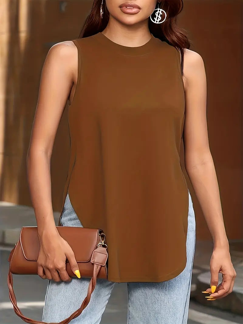 Desirae | Sleeveless Round Neck Curved Hem Top