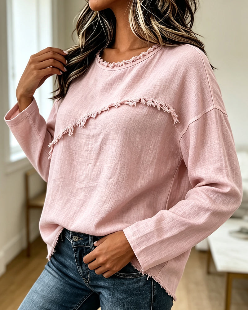 Myrtle | Blouse Round Neck Asymmetric Frayed Trim
