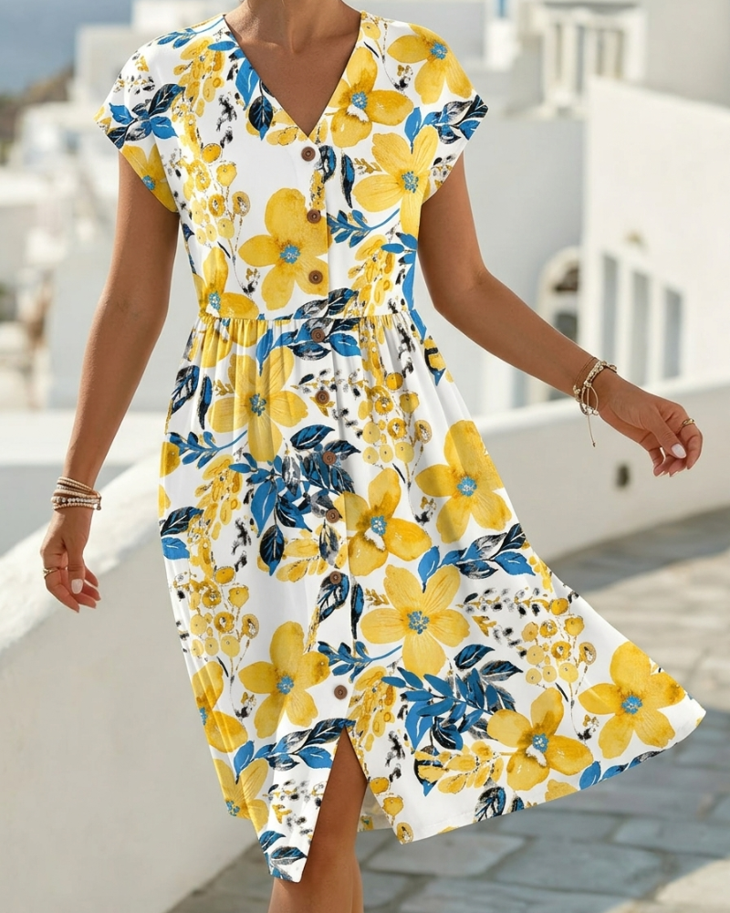 Sinera - Floral Print V Neck Midi Dress