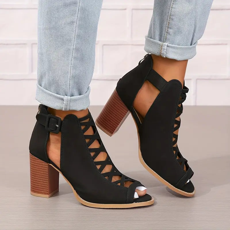 Ruzilya | Chunky Heel Peep Toe Lace-Up Sandals