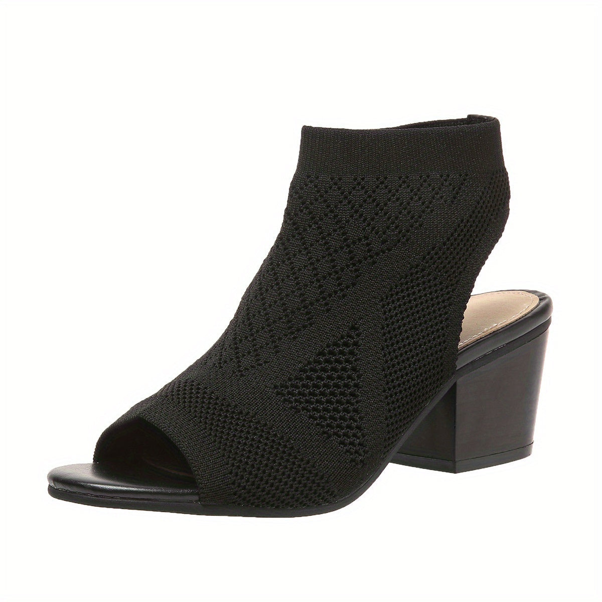 Velina | Black Knitted Peep Toe Block Heel Sandals