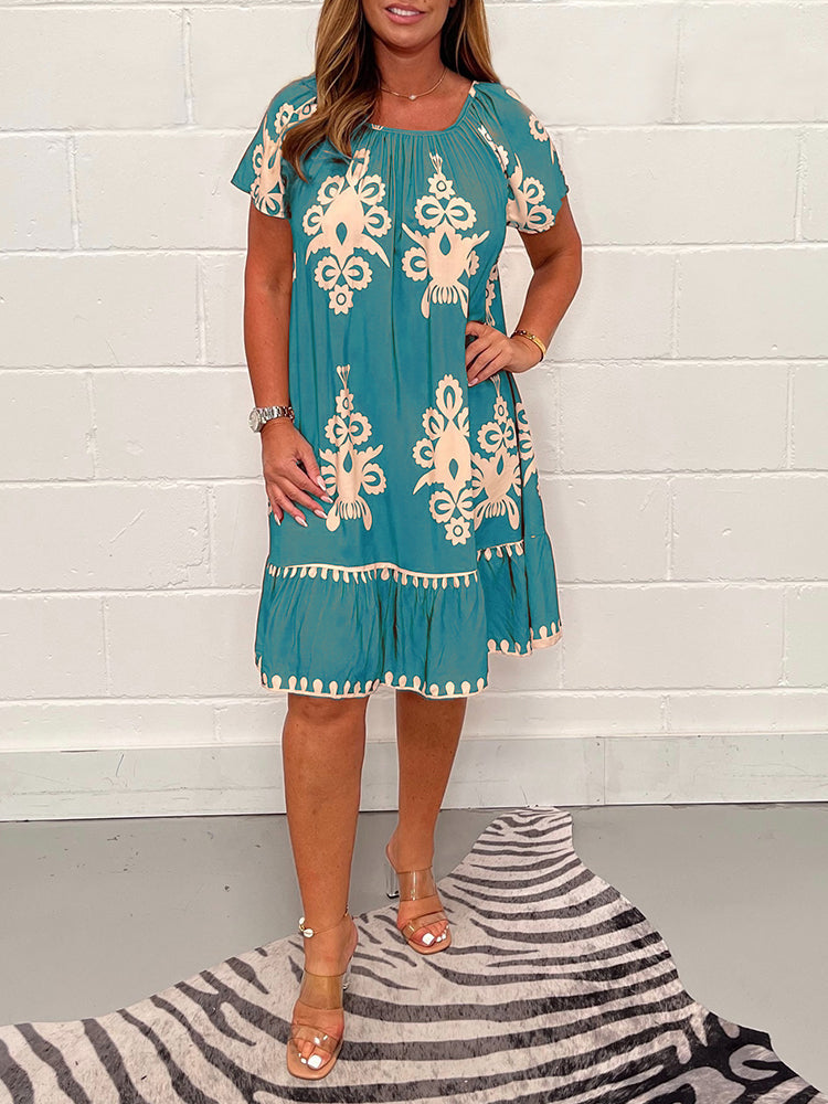 Gulfiya - Embroidered Print Round Neck Midi Dress