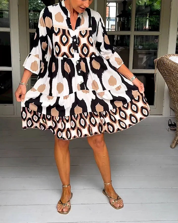 kinza | Printed V Neck Tiered Midi Dress