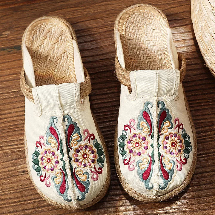 Katy | Floral Embroidered Cotton Mule Sandals