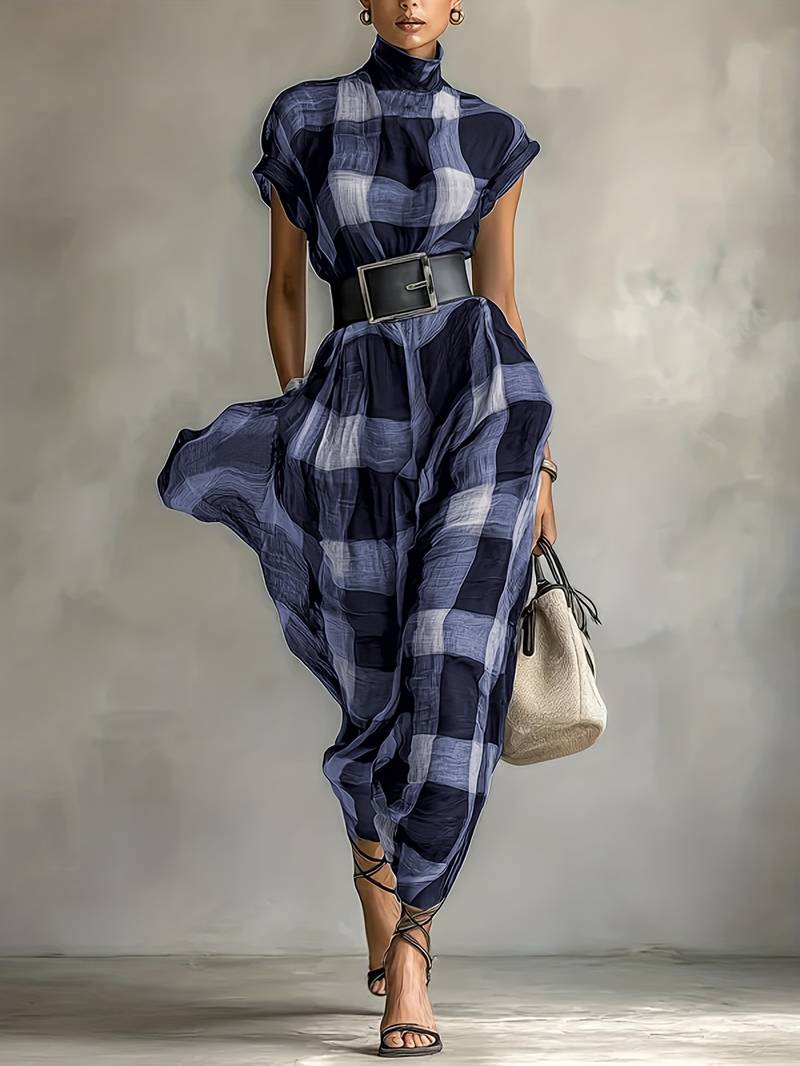 Nethara | High Neck Checked Belted Maxi Dress
