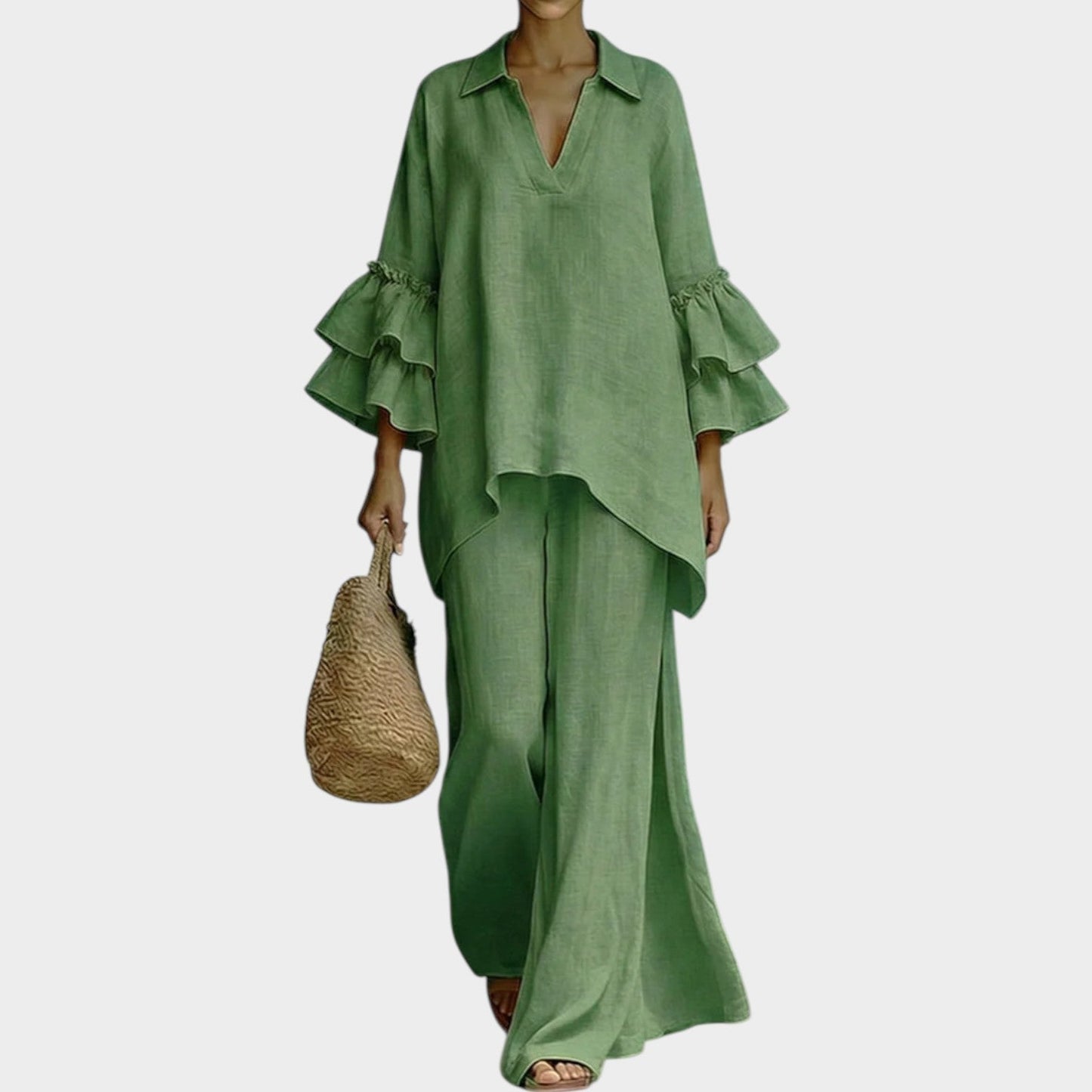 Fien | Linen Co-Ord Set V Neck Ruffle Sleeve