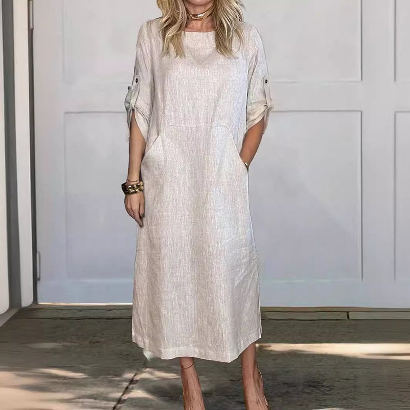 Ericka - Midi Dress Round Neck Rolled Sleeves