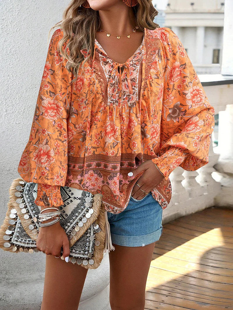 Sallie - Printed Tie Neck Long Sleeve Blouse