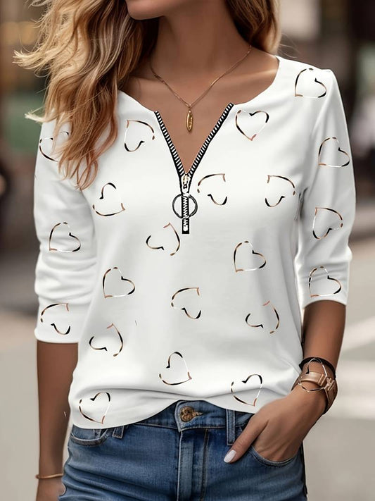 Romisha | Heart Print Zip Neck Top