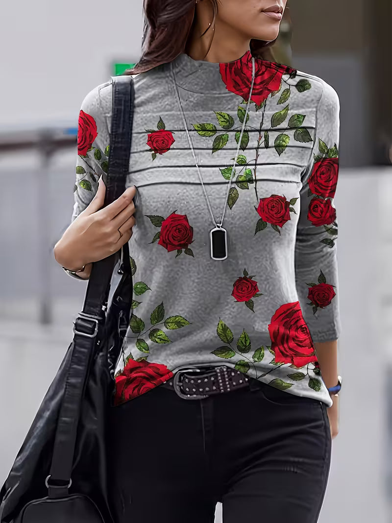 Gwenine | Floral Print Mock Neck Long Sleeve Top