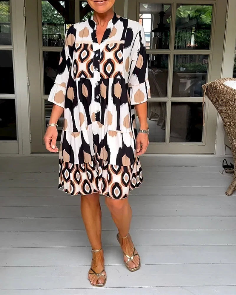 kinza | Printed V Neck Tiered Midi Dress