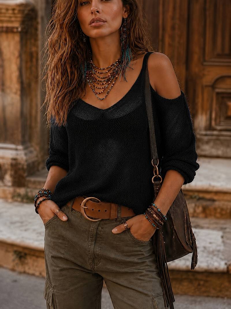 Teuila | V-Neck Cold Shoulder Knit Top