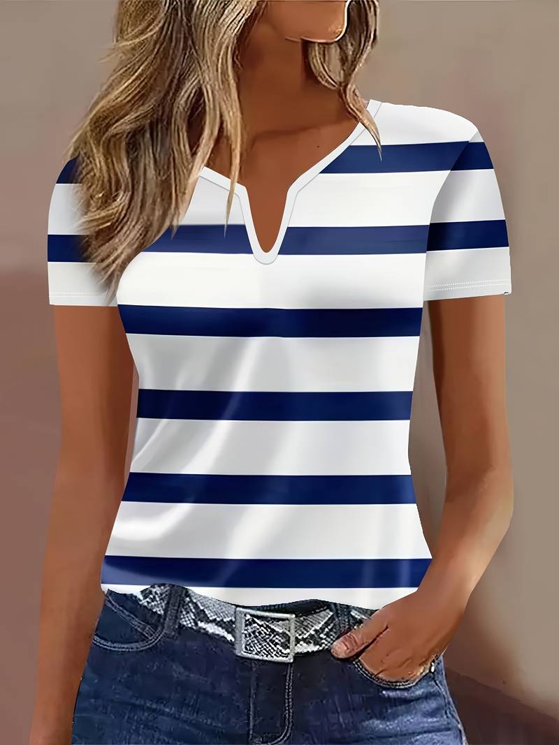 Kiley | Striped Short Sleeve Notch Neck T-Shirt