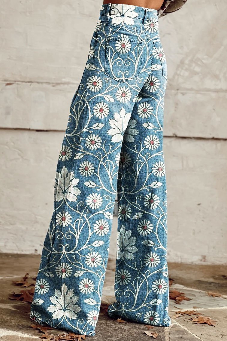Mailin | Wide Leg Floral Denim Jeans